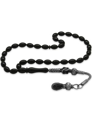 Tesbihane 1000 Ayar Gümüş Kazaz Püsküllü Arpa Kesim Siyah Sıkma Kehribar Tesbih