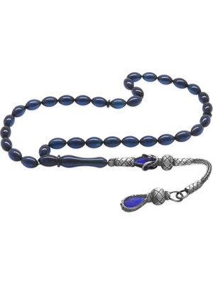 Tesbihane 1000 Ayar Gümüş Kazaz Püsküllü Arpa Kesim Lacivert Sıkma Kehribar Tesbih