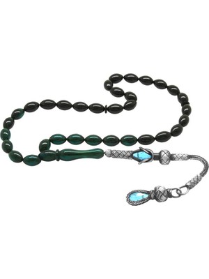 Tesbihane 1000 Ayar Gümüş Kazaz Püsküllü Arpa Kesim Süzme Turkuaz-Siyah Ateş Kehribar Tesbih