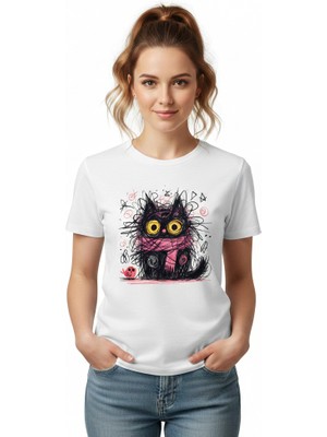 Texrium Kadın Beyaz Kedi Baskılı Regular T-Shirt Cute Cool Cat Grafik Tasarım