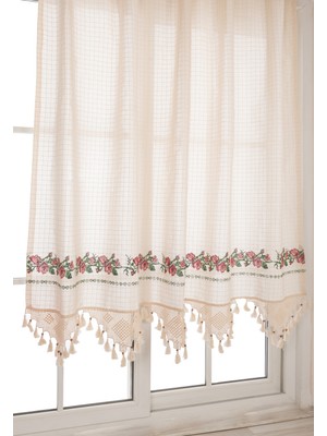 Tuncay Tekstil Kırmızı Kanaviçeli Fon Perde El Dantelli Ekstraforlu Pamuk Kumaş 400 x 200 cm