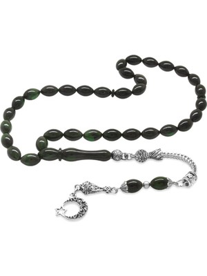 Tesbihane Ayyıldız Kararmaz Metal Püsküllü Arpa Kesim Süzme Yeşil-Siyah Ateş Kehribar Tesbih