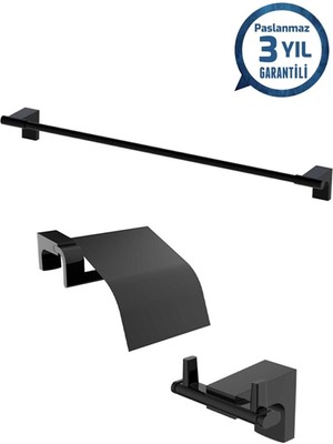 Özbience Paslanmaz Pirinç Siyah Üçlü Set: Tuvalet Kağıtlık, Havluluk, Askılık