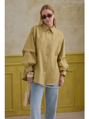 HE-QA %100 Pamuk Kol Detaylı Gömlek Bal Köpüğü