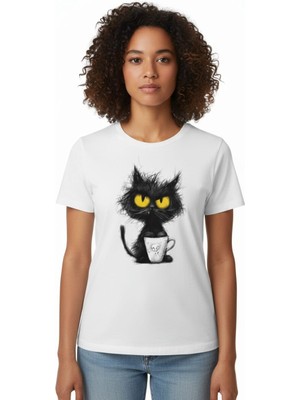 Texrium Kadın Siyah Kedi Baskılı Beyaz Regular T-Shirt -Cute Cool Cat Grafik Tasarım