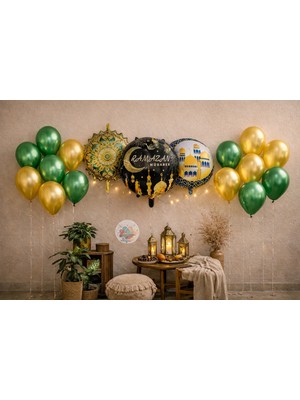 Joyane Ramazan Mubarek Folyo Balon Seti Yeşil Altın Metalik Balonlu Ramazan Parti Süsü Dekoru