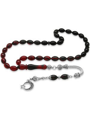 Tesbihane Ayyıldız Kararmaz Metal Püsküllü Arpa Kesim Süzme Kırmızı-Siyah Ateş Kehribar Tesbih