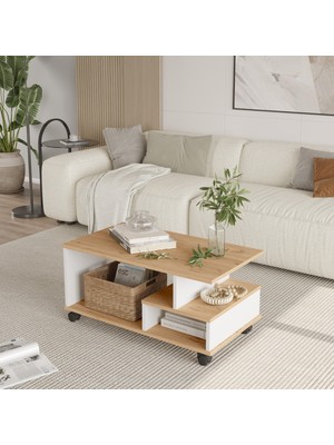 Yurupa Mina Tekerlekli  Orta Sehpa Bölmeli ve Raflı Fonksiyonel Salon Sehpası Sepet-Beyaz Mın9-Sw