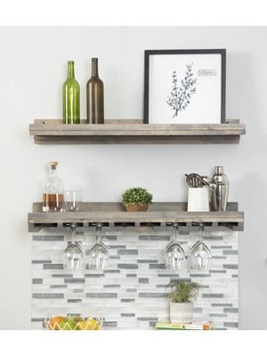 Merzana Ahşap Duvar Şaraplık & Kadehlik Raf – Akça Ağaç 2 Katlı Dekoratif Mutfak ve Bar Rafı