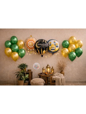 Joyane Ramazan Mubarek Folyo Balon Seti Yeşil Altın Metalik Balonlu Ramazan Parti Süsü Dekoru
