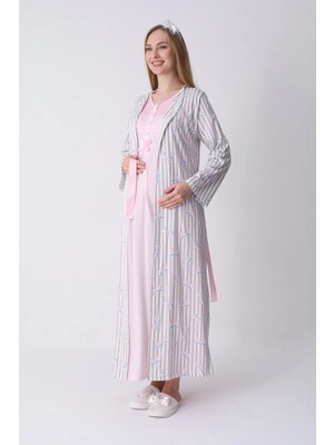 Erdeniz Tekstil Hamile Gecelik ve Sabahlık Takımı – Lohusa Gecelik Seti, Bisiklet Yaka Çizgili Desenli Pamuk Viskoz