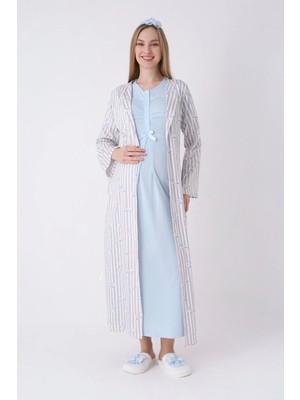 Erdeniz Tekstil Hamile Gecelik ve Sabahlık Takımı – Lohusa Gecelik Seti, Bisiklet Yaka Çizgili Desenli Pamuk Viskoz