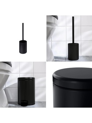 Özbience Şık 2'li Banyo Seti, 3 Lt Çöp Kutusu ve 38 cm Tuvalet Fırçası Siyah