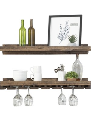 Merzana Ahşap Duvar Şaraplık & Kadehlik Raf – Ceviz 2 Katlı Dekoratif Mutfak ve Bar Rafı