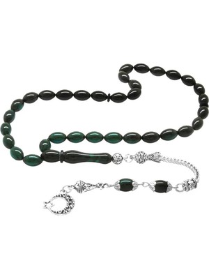 Tesbihane Ayyıldız Kararmaz Metal Püsküllü Arpa Kesim Süzme Turkuaz-Siyah Ateş Kehribar Tesbih