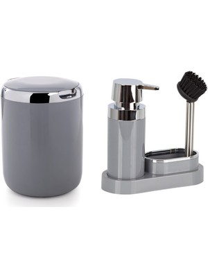 Özbience Gri Plastik Sıvı Sabunluk ve Fırça Seti, 300ML, Mutfak Sünger Hazneli