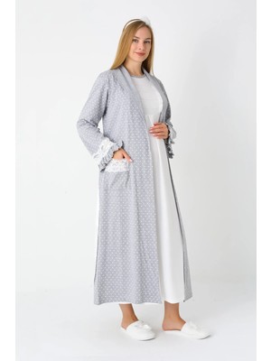 Erdeniz Tekstil Hamile Lohusa Gecelik & Sabahlık 2’li Set – Puantiyeli Pamuklu Kumaş, Çift Taraflı Düğmeli Emzirme