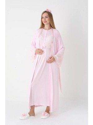 Erdeniz Tekstil Uzun Kollu Hamile Gecelik Takımı Dantel Detaylı Emzirme Için Uygun