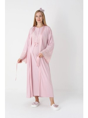 Erdeniz Tekstil Uzun Kollu Hamile Gecelik Takımı Dantel Detaylı Emzirme Için Uygun