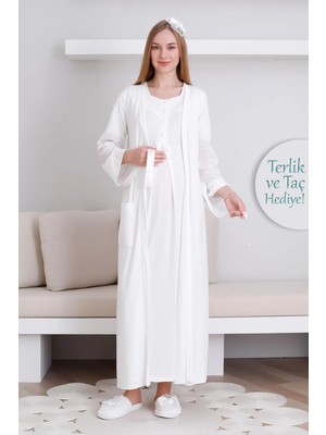 Erdeniz Tekstil Hamile Gecelik & Sabahlık Takım / Cepli Sabahlık & V Yaka Kısa Kol Gecelik / Terlik ve Taç Hediyeli