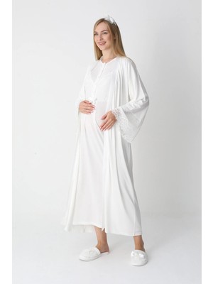 Erdeniz Tekstil Uzun Kollu Hamile Gecelik Takımı Dantel Detaylı Emzirme Için Uygun