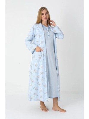 Erdeniz Tekstil Desenli Penye Lohusa Hamile Gecelik ve Sabahlıklı Uzun Kollu Emzirme Düğmeli Takım