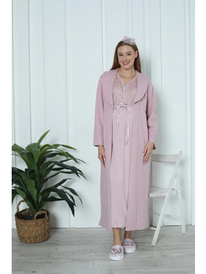 Erdeniz Tekstil Hamile Daire Jakarlı Lohusa Gecelik ve Sabahlık Takımı / Pamuklu Kalın Sabahlık