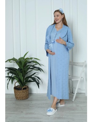 Erdeniz Tekstil Hamile Daire Jakarlı Lohusa Gecelik ve Sabahlık Takımı / Pamuklu Kalın Sabahlık