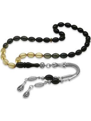 Tesbihane Kararmaz Metal Su Damlası Püsküllü Arpa Kesim Bilek Boy Süzme Beyaz-Siyah Ateş Kehribar Tesbih