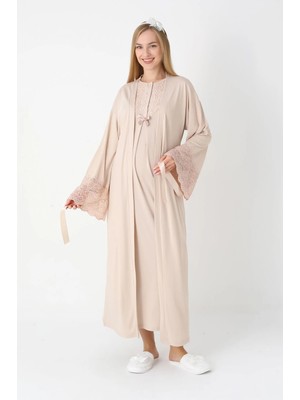 Erdeniz Tekstil Dantel Kol Hamile Gecelik ve Sabahlık Takım Viskon Pamuk - Nar Çiçeği ve Vizon