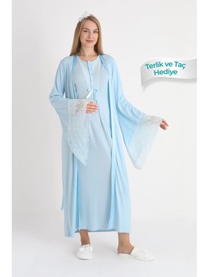 Erdeniz Tekstil Dantel Detaylı Viskoz Kumaşlı Emzirmeli Hamile Gecelik Sabahlık Takım 2'li - Terlik ve Taç Hediyeli