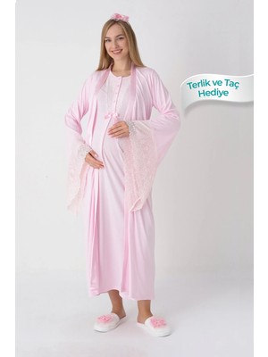 Erdeniz Tekstil Dantel Detaylı Viskoz Kumaşlı Emzirmeli Hamile Gecelik Sabahlık Takım 2'li - Terlik ve Taç Hediyeli