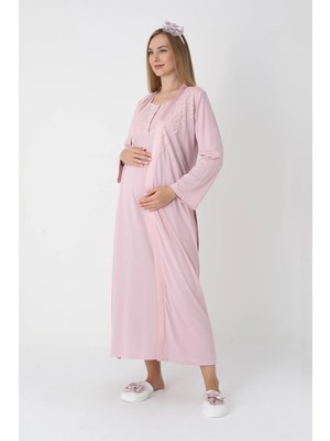 Erdeniz Tekstil Lohusa ve Hamile Gecelik Takımı / Saten Şeritli ve Dantel Detaylı / Saten Bel Kuşağı