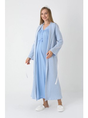 Erdeniz Tekstil Hamile & Lohusa Gecelik ve Sabahlıklı Viskon Pamuklu Takım / Jakarlı Çizgili Uzun Sabahlık