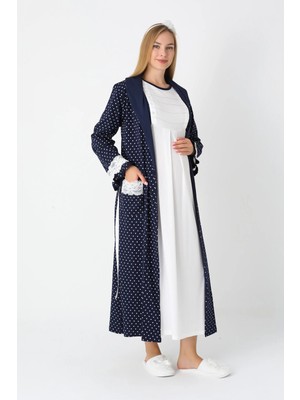 Erdeniz Tekstil Hamile Lohusa Gecelik & Sabahlık 2’li Set – Puantiyeli Pamuklu Kumaş, Çift Taraflı Düğmeli Emzirme