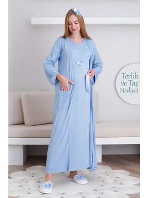 Erdeniz Tekstil Hamile Gecelik & Sabahlık Takım / Cepli Sabahlık & V Yaka Kısa Kol Gecelik / Terlik ve Taç Hediyeli