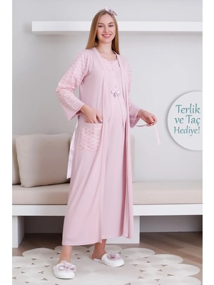 Erdeniz Tekstil Hamile Gecelik & Sabahlık Takım / Cepli Sabahlık & V Yaka Kısa Kol Gecelik / Terlik ve Taç Hediyeli