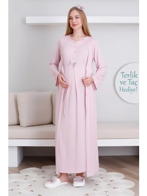 Erdeniz Tekstil Dantelli V Yaka Hamile & Lohusa Gecelik ve Sabahlık Takım / Terlik ve Taç Hediyeli