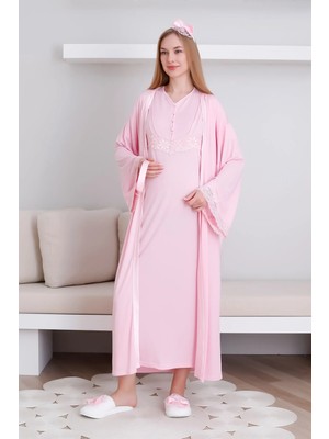 Erdeniz Tekstil Hamile Gecelik Takım Önü Düğmeli 2'li Gecelik ve Sabahlık Takım Kısa Kol Gecelik & Uzun Kol Sabahlık
