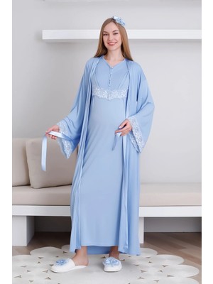 Erdeniz Tekstil Hamile Gecelik Takım Önü Düğmeli 2'li Gecelik ve Sabahlık Takım Kısa Kol Gecelik & Uzun Kol Sabahlık