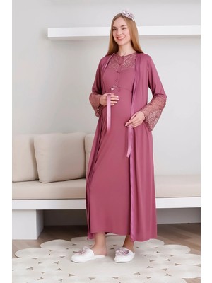 Erdeniz Tekstil Hamile Gecelik Sabahlık Takım Dantel Detaylı Düğmeli Emzirmeli Lohusa Takım 2'li