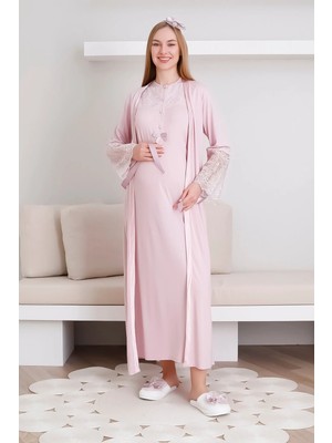 Erdeniz Tekstil Hamile Gecelik Sabahlık Takım Dantel Detaylı Düğmeli Emzirmeli Lohusa Takım 2'li