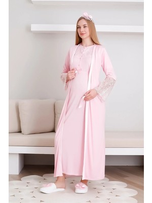 Erdeniz Tekstil Hamile Gecelik Sabahlık Takım Dantel Detaylı Düğmeli Emzirmeli Lohusa Takım 2'li