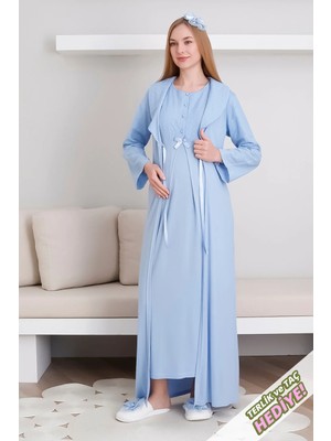 Erdeniz Tekstil Hamile Gecelik ve Sabahlık Takım Şal Yakalı Viskon 2'li Lohusa Takım / Terlik ve Taç Hediyeli