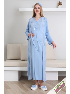 Erdeniz Tekstil Hamile Gecelik Takımı Sabahlıklı V Yakalı Dantel Detaylı 2'li Emzirme / Terlik ve Taç Hediyeli