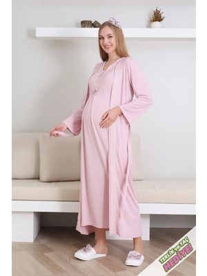 Erdeniz Tekstil Hamile Gecelik Takımı Sabahlıklı V Yakalı Dantel Detaylı 2'li Emzirme / Terlik ve Taç Hediyeli