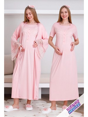 Erdeniz Tekstil Hamile Gecelik Dantel Detaylı  Emzirme / Tesettür Giyim / Düğmeli 2'li Takım / Terlik ve Taç Hediye