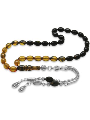 Tesbihane Kararmaz Metal Su Damlası Püsküllü Arpa Kesim Bilek Boy Süzme Sarı-Siyah Ateş Kehribar Tesbih