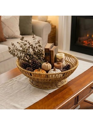 River World Sunum Ekmek ve Meyve Kasesi Görünümü Doğal Hasır Rattan Servis Çanağı 31 cm