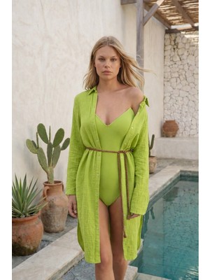 Miespiga Pamuklu Dokuma Müslin Hakim Yaka Kemer Detaylı Plaj Gömlek Elbise